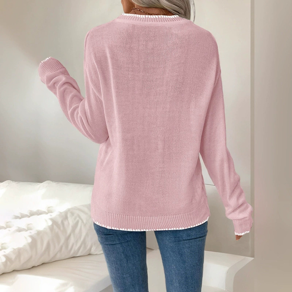 Pink Christmas Women Sweater Long Sleeve Bow Loose Round Neck Knit Fall Winter